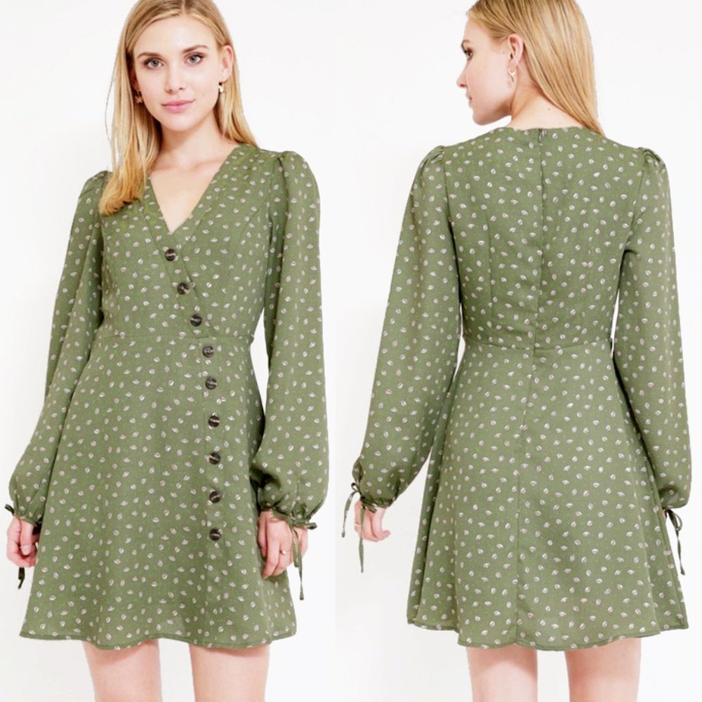 Olive Sage Green Faux Wrap Asymmetric Button Dress - Picture 7 of 8